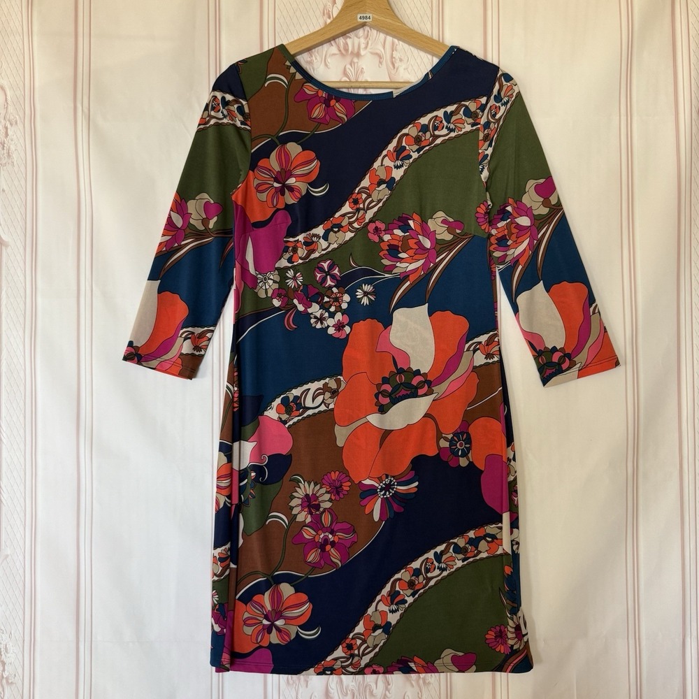 Trina Turk Floral Shift Dress Multicolor Size M Stretch 3/4 Sleeve Resort Boho
